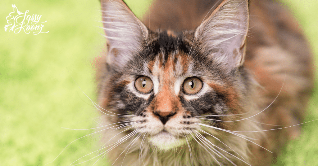 Maine-coon-sitting-in-the-grass ⋆ Sassy Koonz Maine Coon Cattery maine coon sitting in the grass with nice ear tufts, a trait of the breed