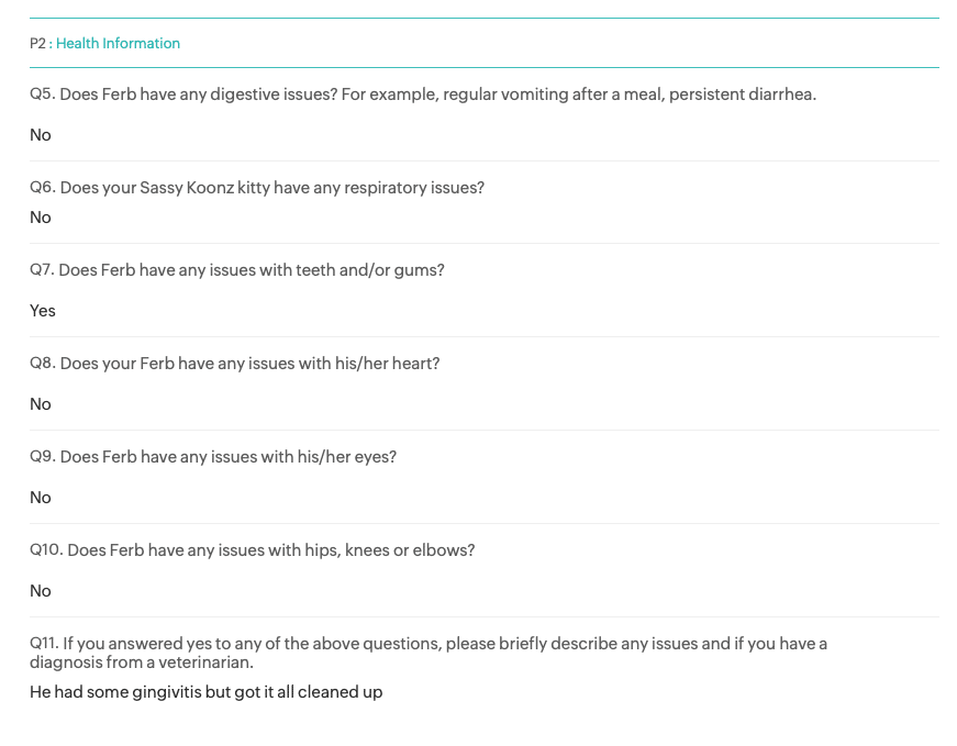 Screenshot 2026-04-07 at 111603 AM ⋆ Sassy Koonz Maine Coon Cattery actual screenshot of a health survey received recently from sassy koonz on a 2 year old offspring