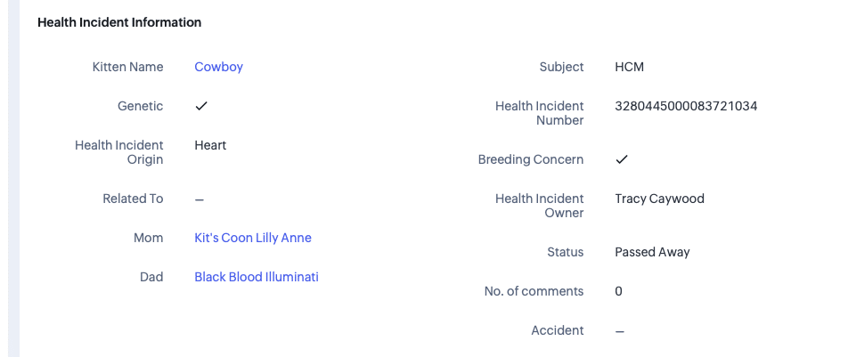 Screenshot 2026-04-07 at 112526 AM ⋆ Sassy Koonz Maine Coon Cattery screenshot of sassy koonz health record database as evidence showing HCM